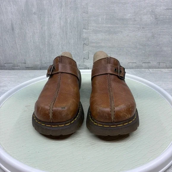 Dr Martens Clogs Women's 9 Brown Leather Buckle Slip On Chunky Mules Y2K - Picture 2 of 8